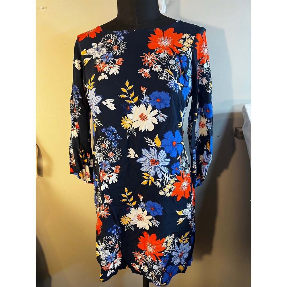 Old Navy Womens Floral Shift Dress Navy Blue Orange 3/4‎ Sleeve Size M Rayon